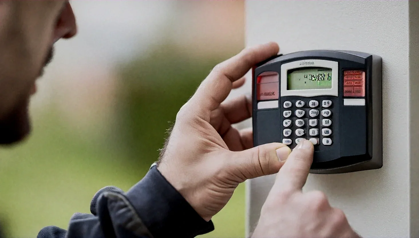 A person with a beard pressing buttons on a wall-mounted keypad security device.