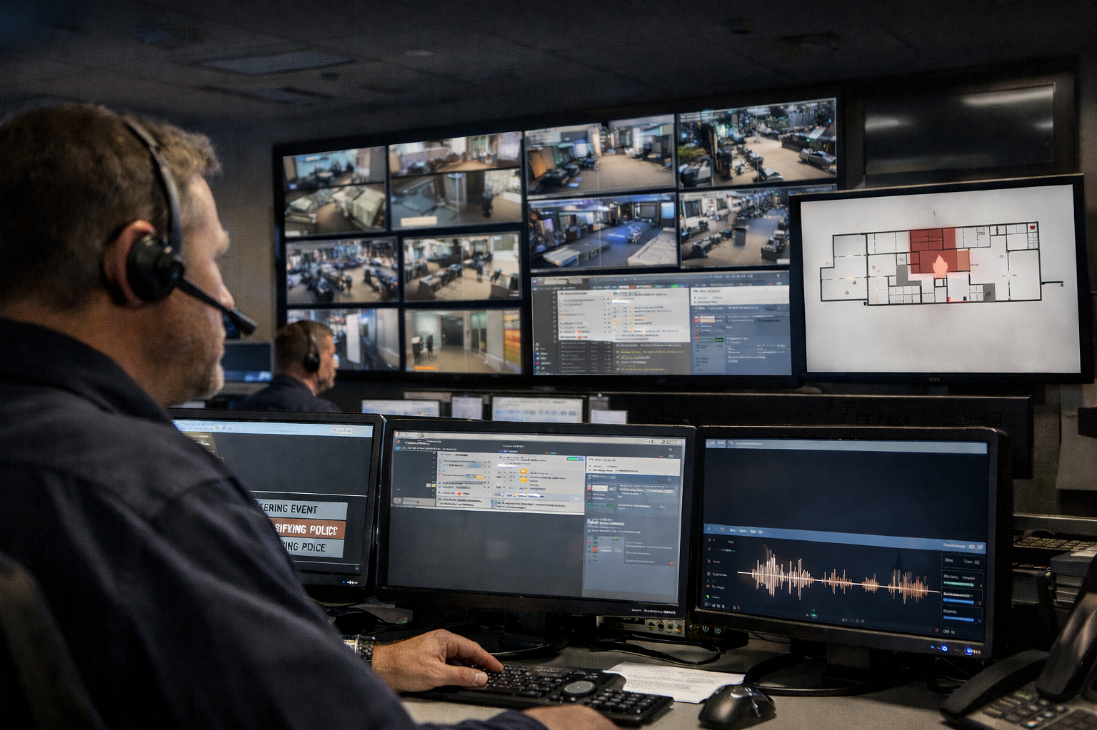 Security operations center with multiple monitors showing surveillance footage, a building floor plan, and data dashboards. Operators wearing headsets monitor security feeds.