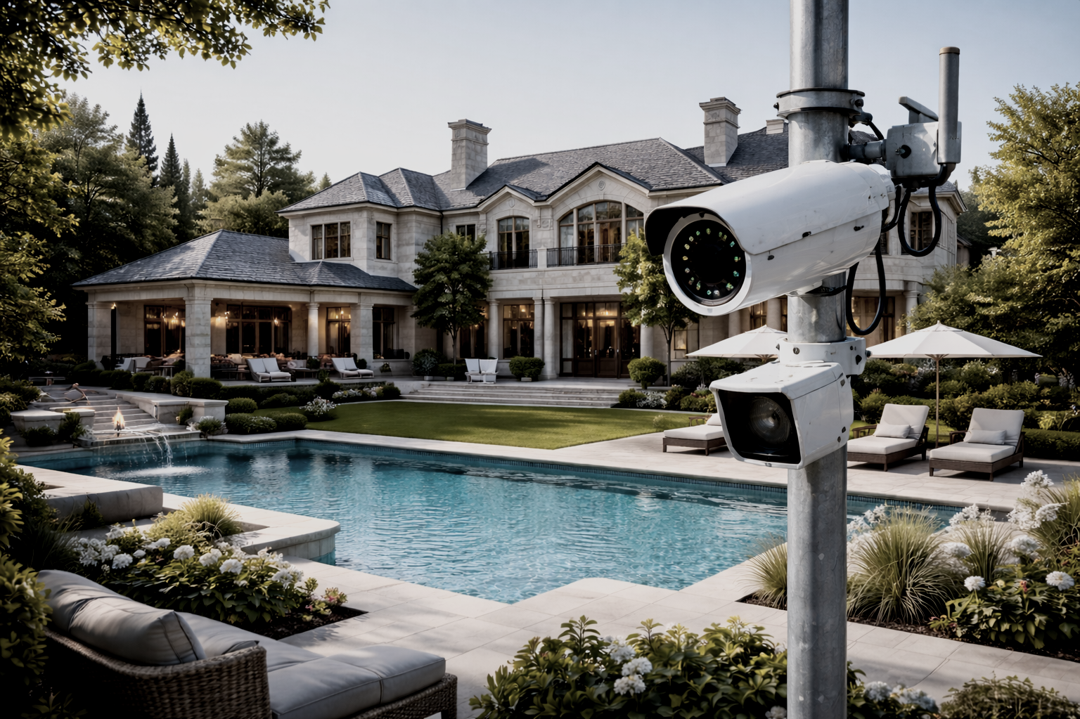 Security camera overlooking a luxurious backyard with a swimming pool, lounge chairs, umbrellas, and a large house in the background.