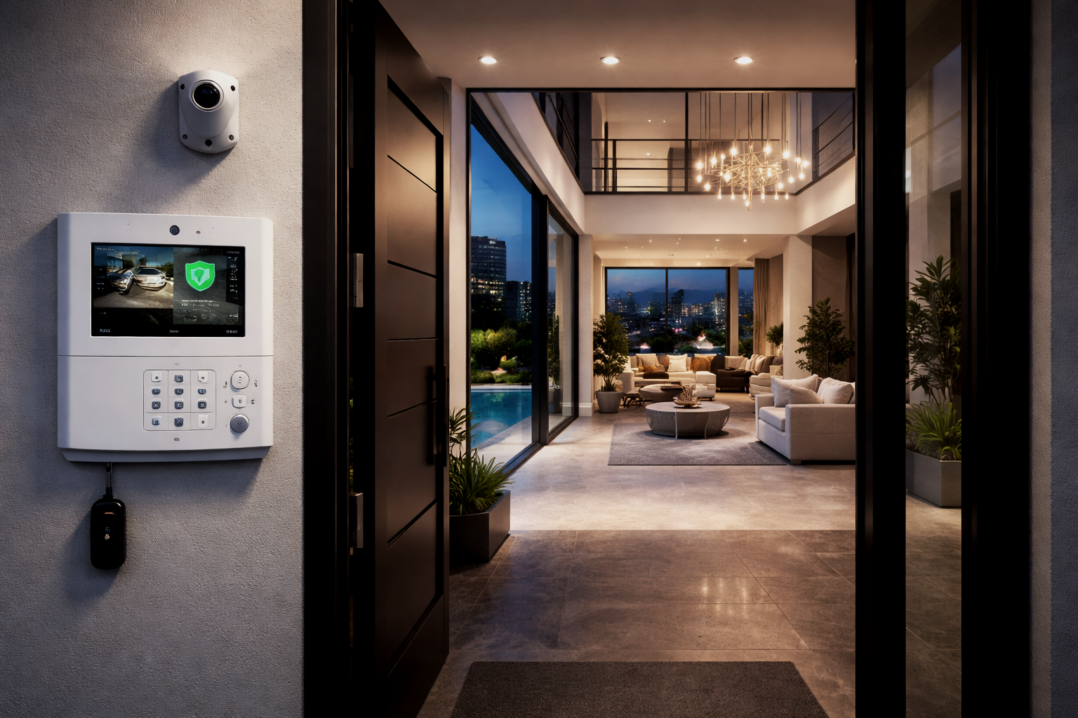 Night view of a modern living room seen through an open door, featuring sofas, a coffee table, and large windows showing city lights outside.