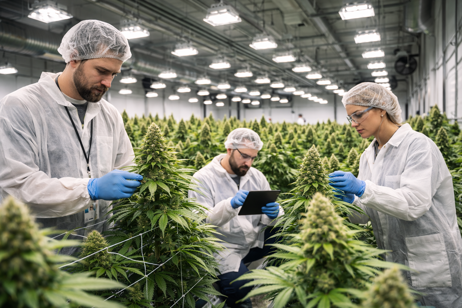 Three researchers in white lab coats, hair nets, and blue gloves examining cannabis plants in a large indoor cultivation facility. One researcher is holding a plant, another is using a tablet, and the third is inspecting a plant closely.