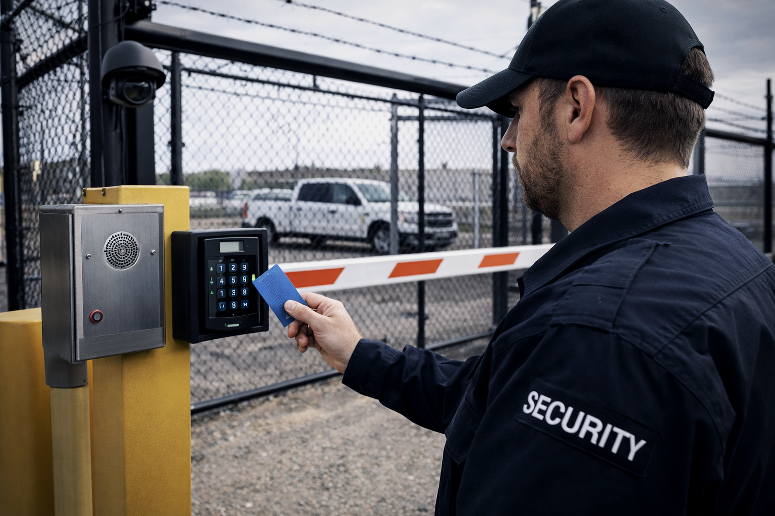 Security guard using a keypad access control system at a gated parking lot.