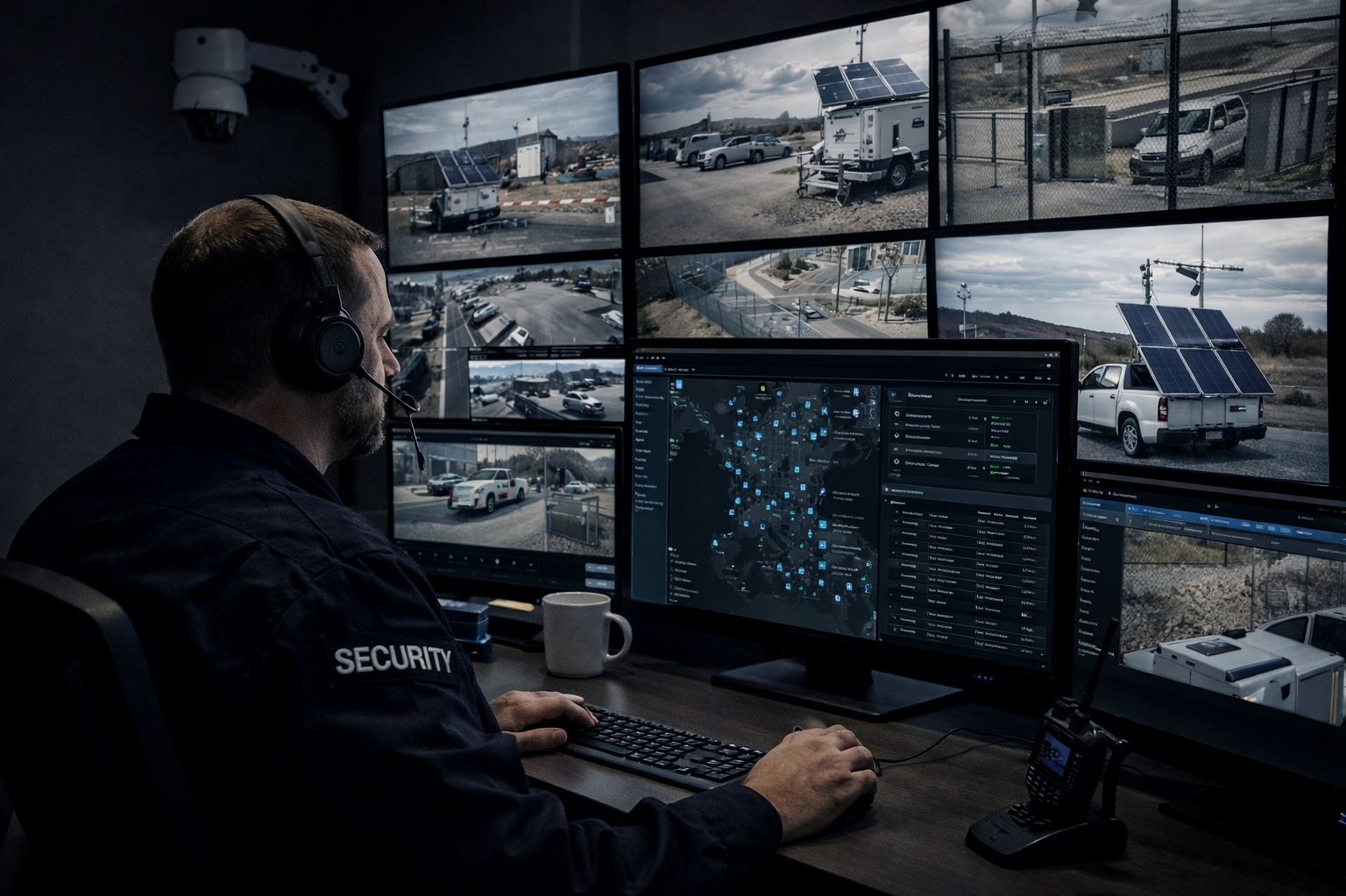 A security officer monitoring multiple screens displaying live surveillance footage of a parking lot and outdoor area with trucks and cars, while working at a desk with a computer and radio.