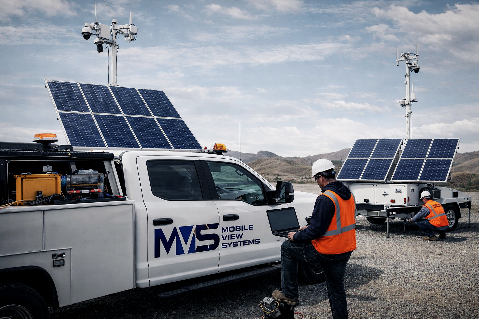 Two workers wearing safety helmets and orange vests near mobile solar power and surveillance systems in a mountainous area.
