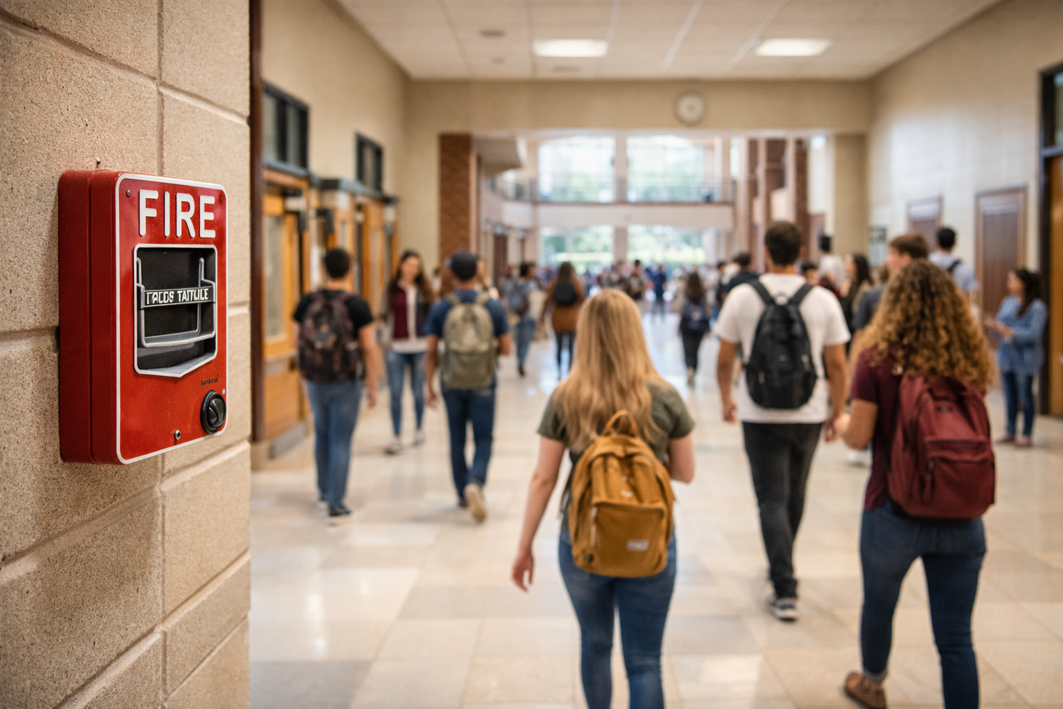 A red fire alarm box mounted on a beige brick wall in a busy school hallway filled with students.