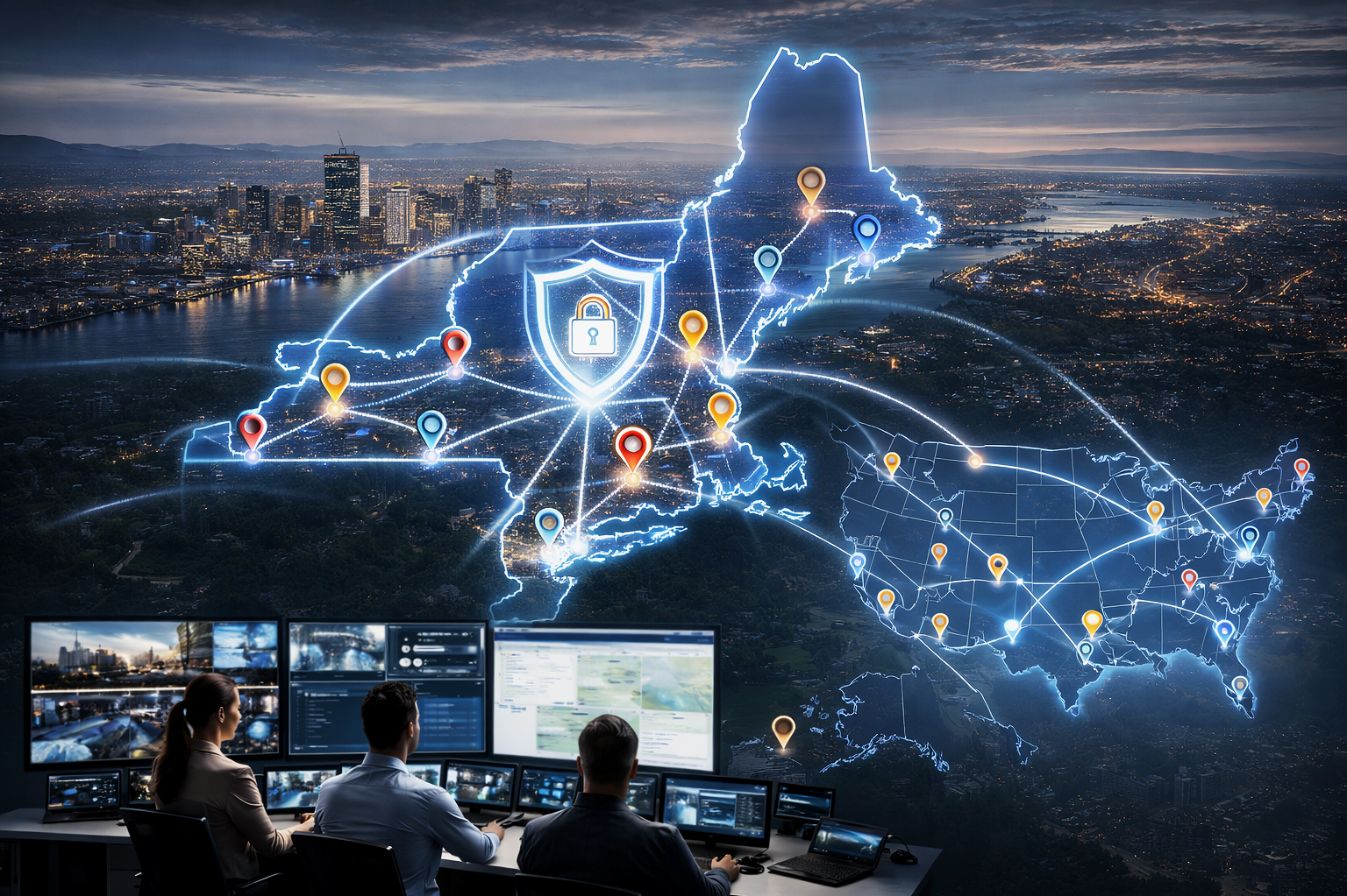 A digital illustration showing a map of Canada with interconnected data points and a shield with a lock symbol, symbolizing cybersecurity. In the foreground, three people monitor multiple screens displaying security data.