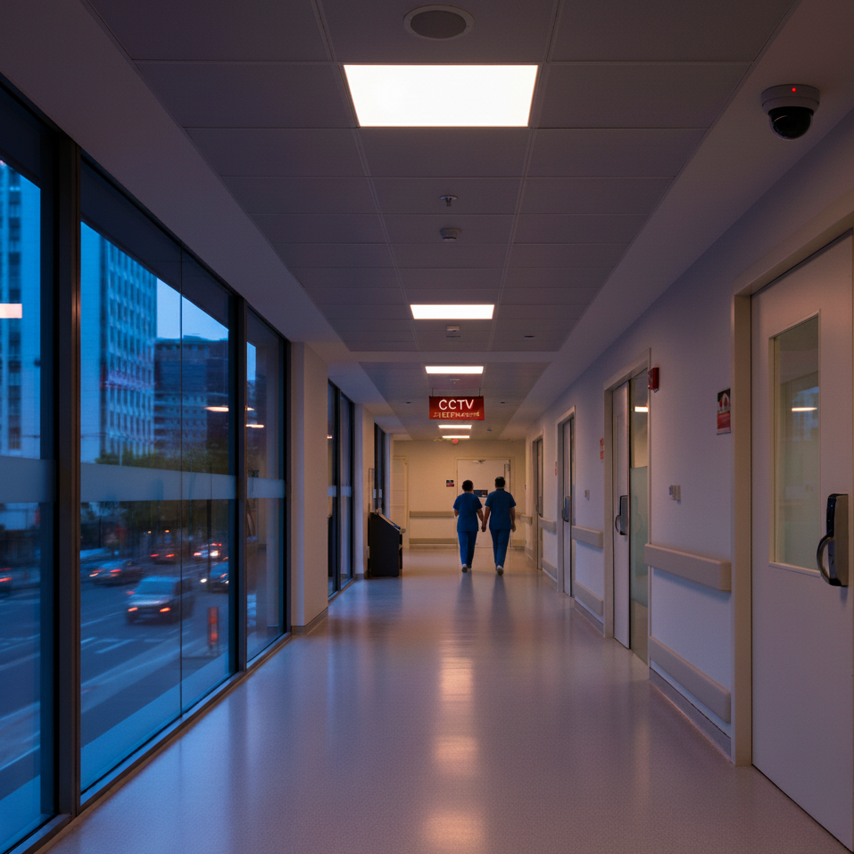 Empty hospital corridor with two medical staff members walking away from the camera, evening outside, CCTV sign hanging from the ceiling.