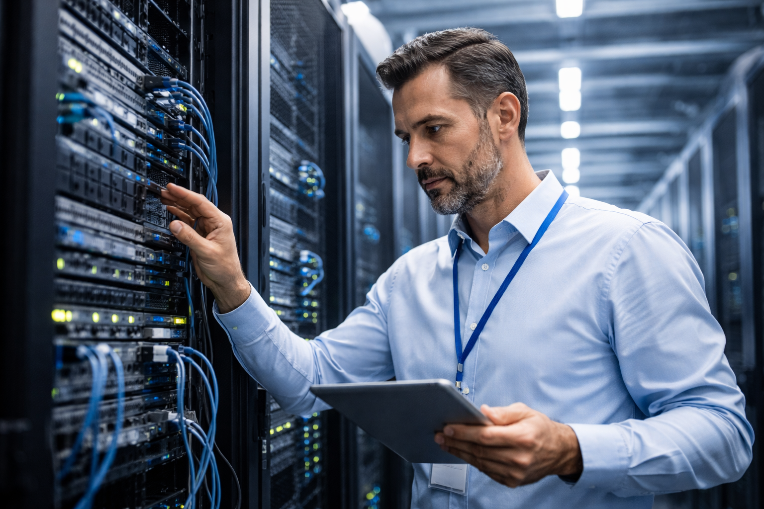 A man in a light blue shirt working in a server room. He is handling network cables and holding a tablet.
