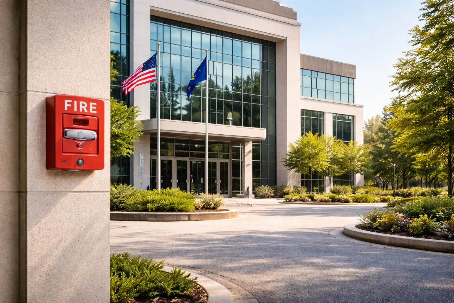 A modern office building with large glass windows, surrounded by trees and landscaping, with a red fire alarm box mounted on a beige wall in the foreground, and the American flag and another flag flying on poles near the entrance.
