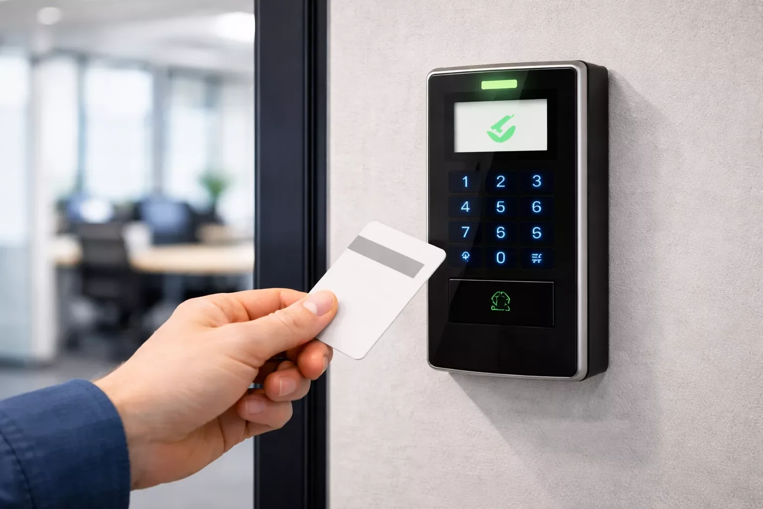 Keycard door access control system with keypad reader for secure office entry