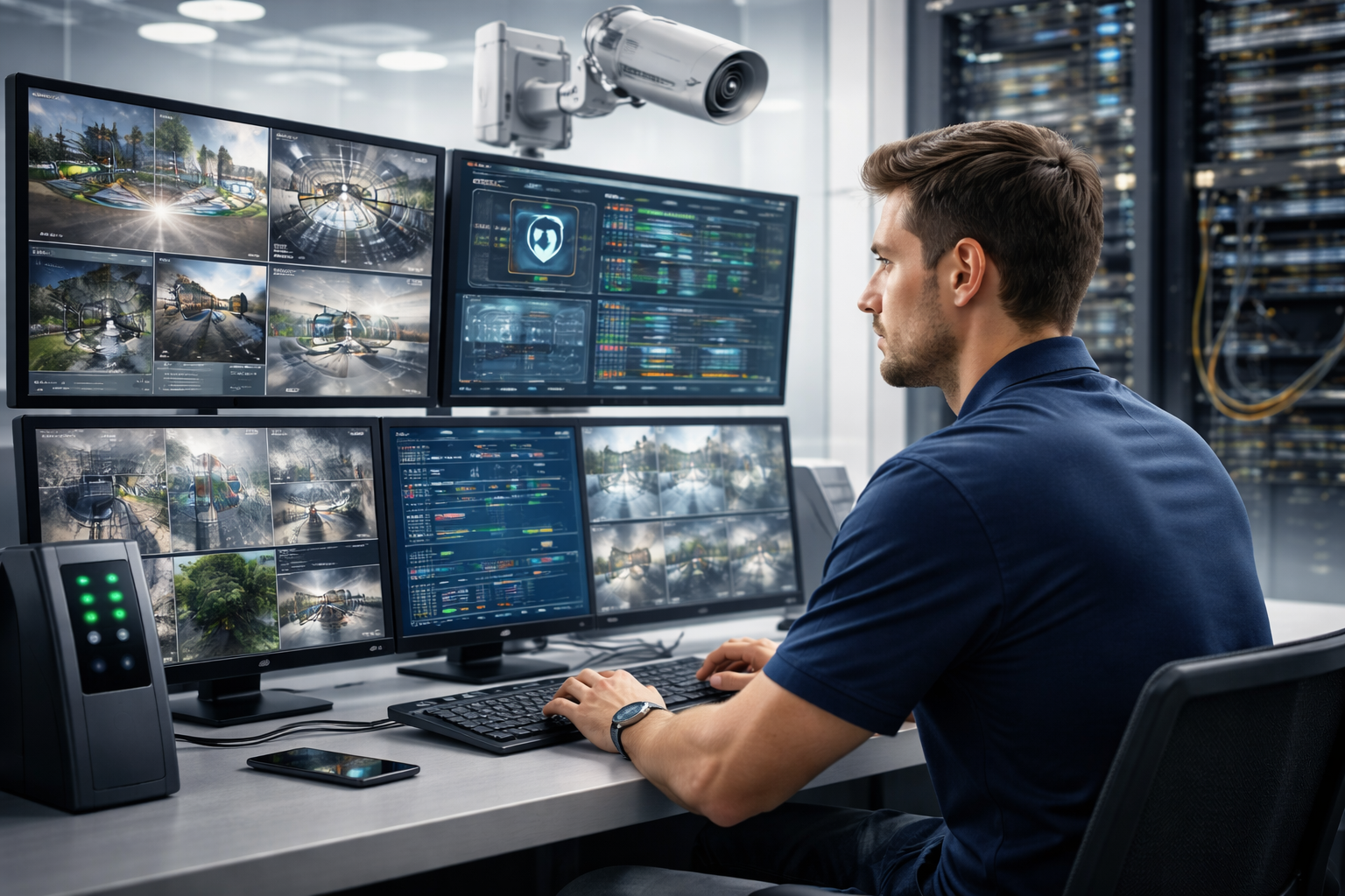 A man working at a security monitoring station with multiple computer screens showing surveillance footage and data, in a server room with network equipment.