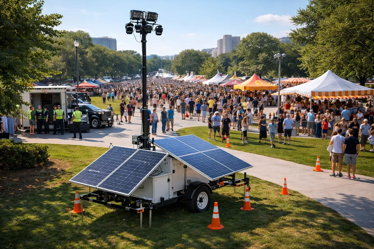 Mobile surveillance tower providing security and crowd monitoring during a public outdoor event