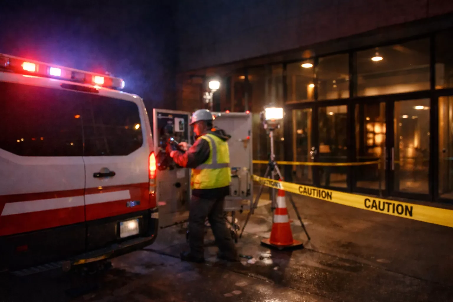 Emergency response team securing an incident area at night with caution tape and flashing lights