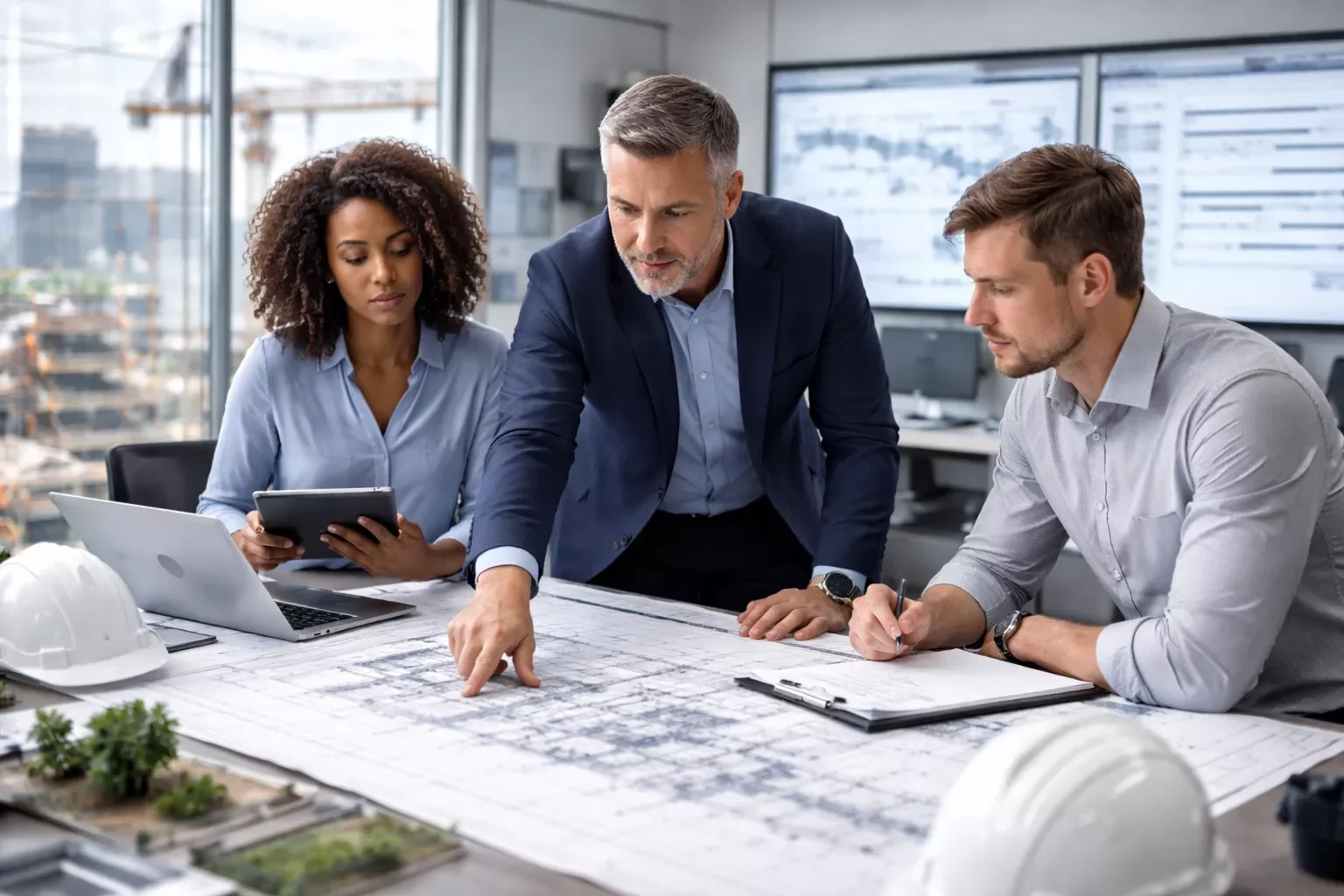Security system design team reviewing blueprints for surveillance and infrastructure planning