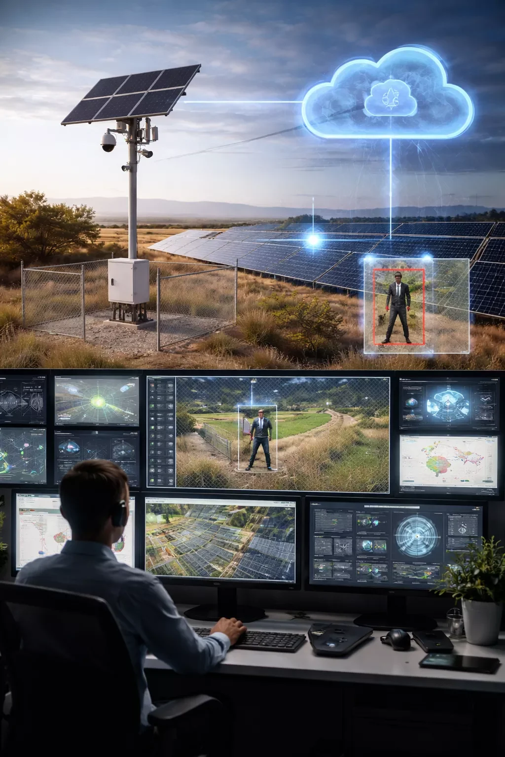 Cloud-connected mobile surveillance system with real-time monitoring dashboard and solar tower