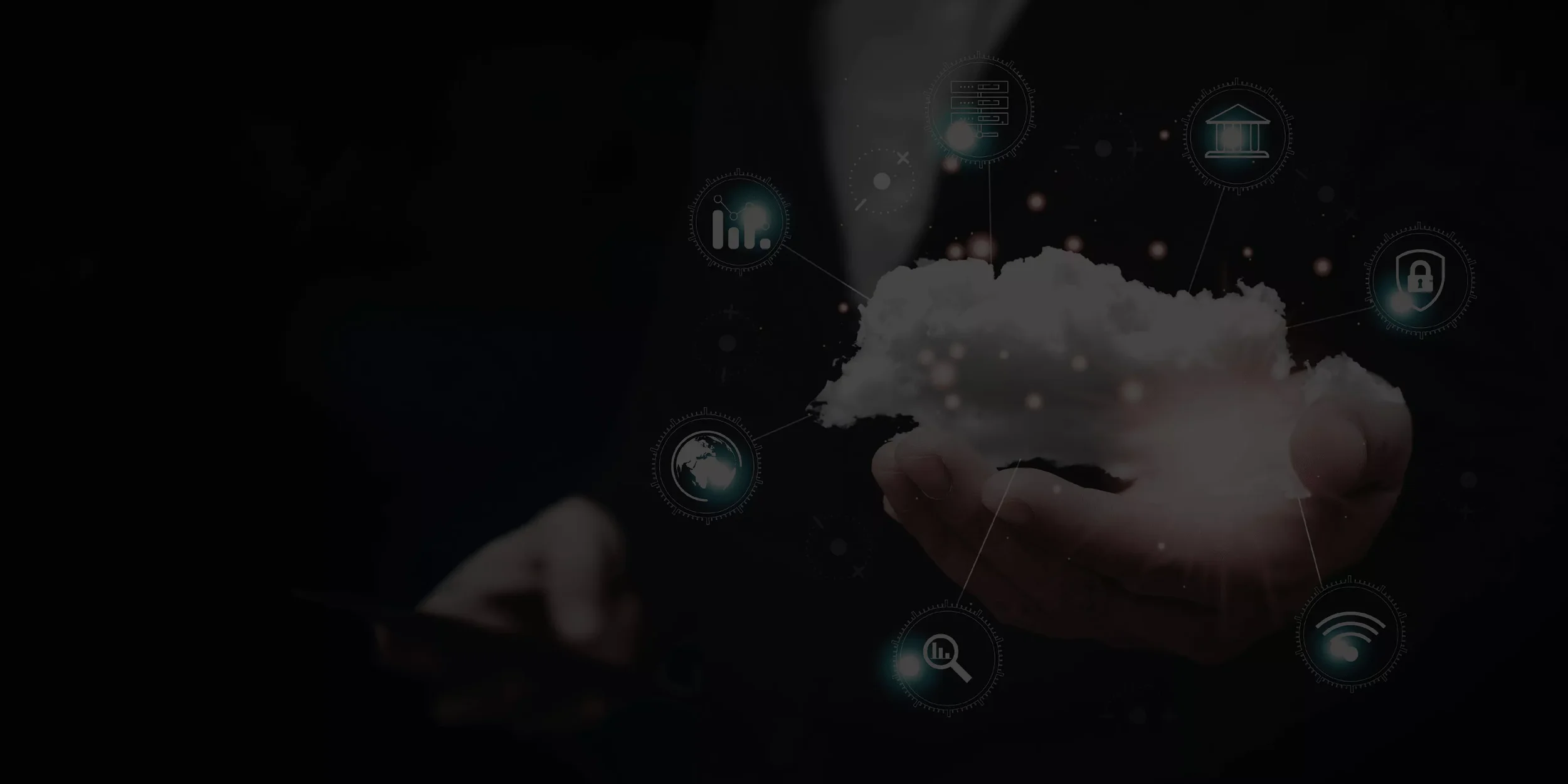 A person holding a cloud-shaped object with digital icons and data projections surrounding it, symbolizing cloud computing and technology.
