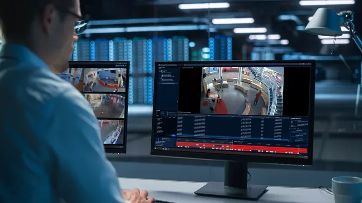 Security personnel monitoring live video feeds on a managed surveillance system dashboard