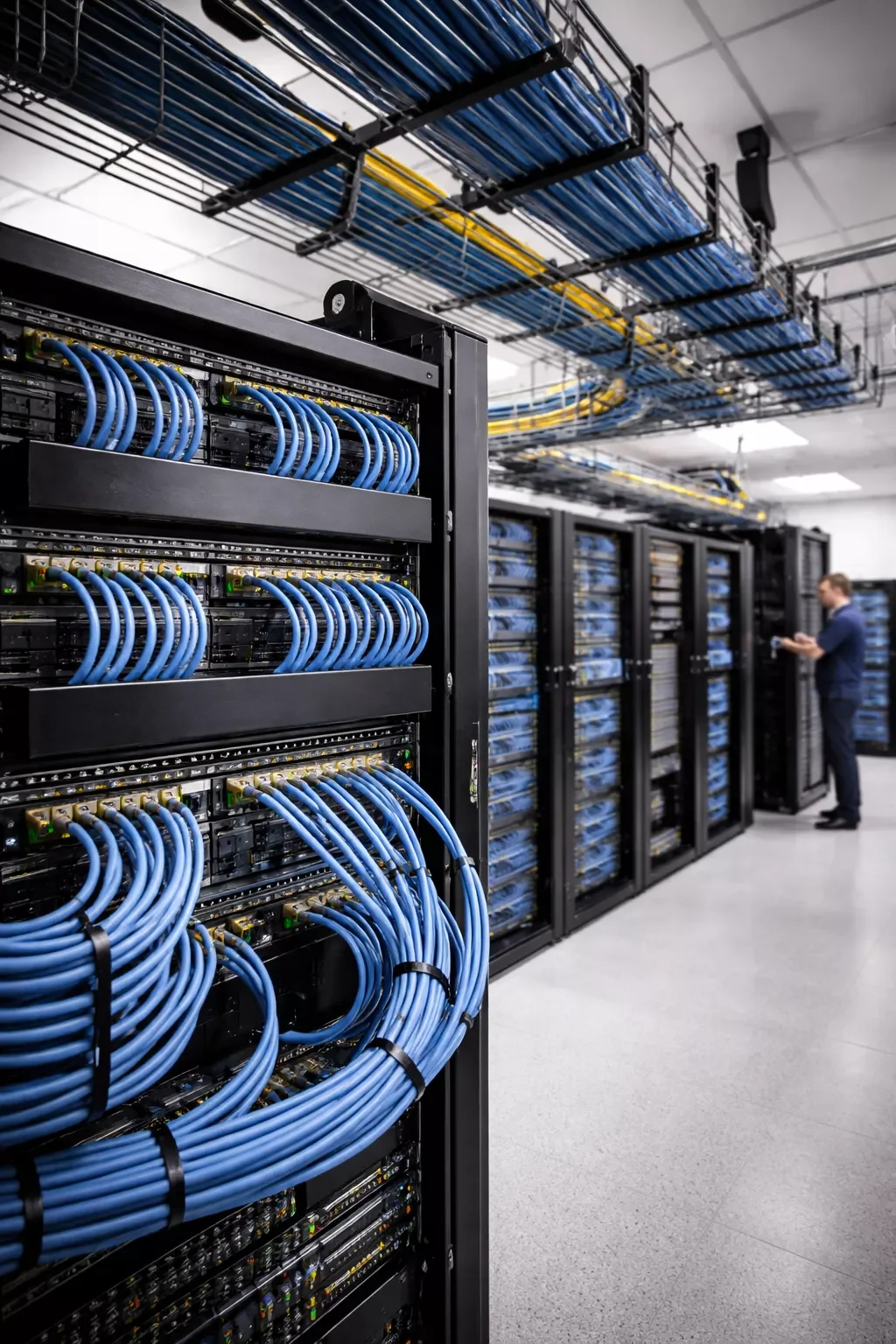 Structured network cabling inside data center with organized server racks and cable management