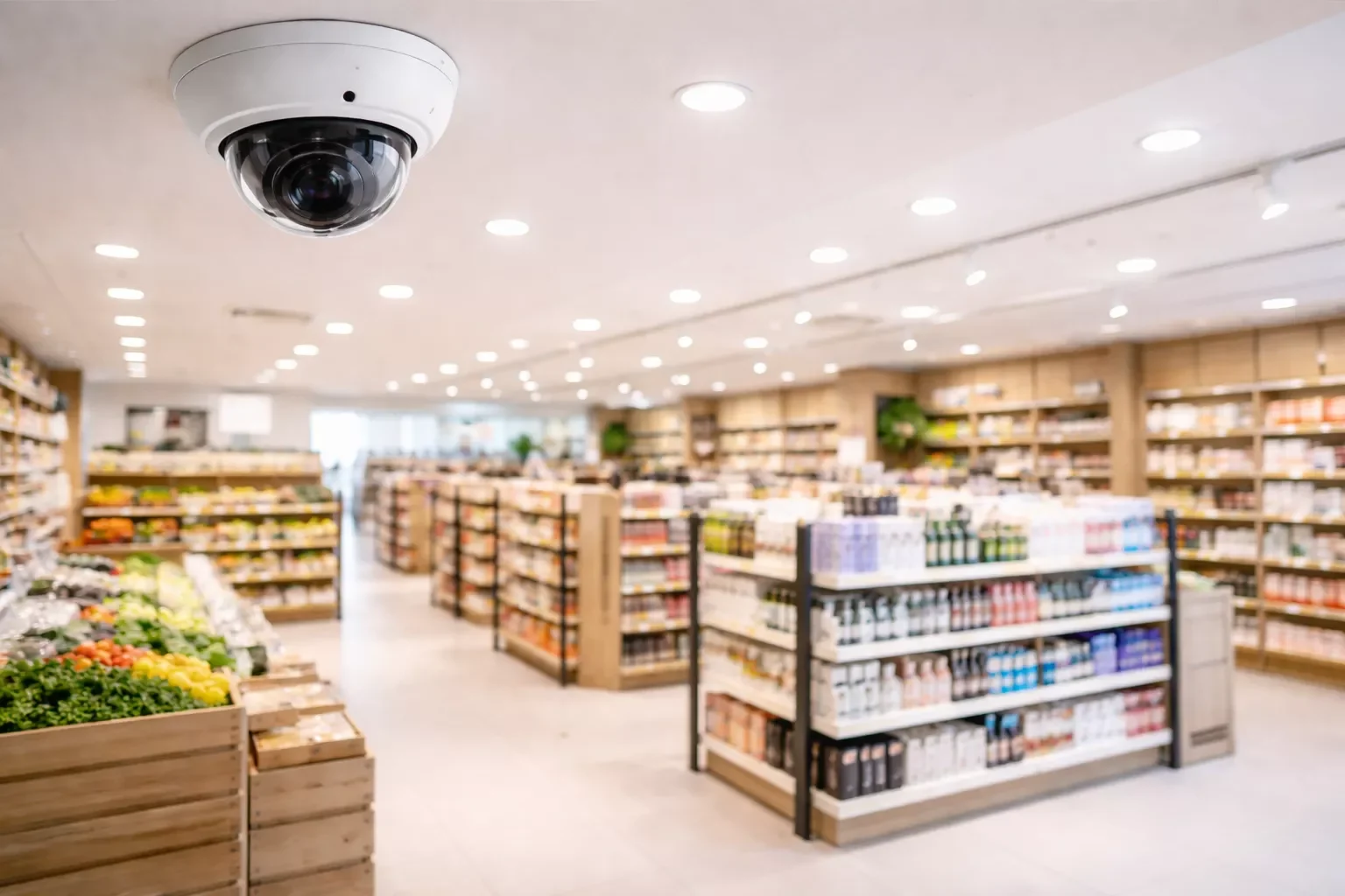 CCTV security camera monitoring inside a modern retail store with shelves and products