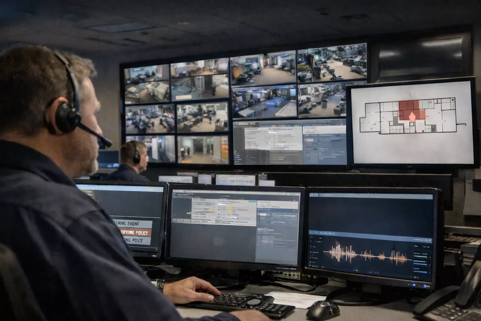 Security control room with multiple monitors displaying surveillance camera feeds and security software interfaces, with personnel monitoring the screens.