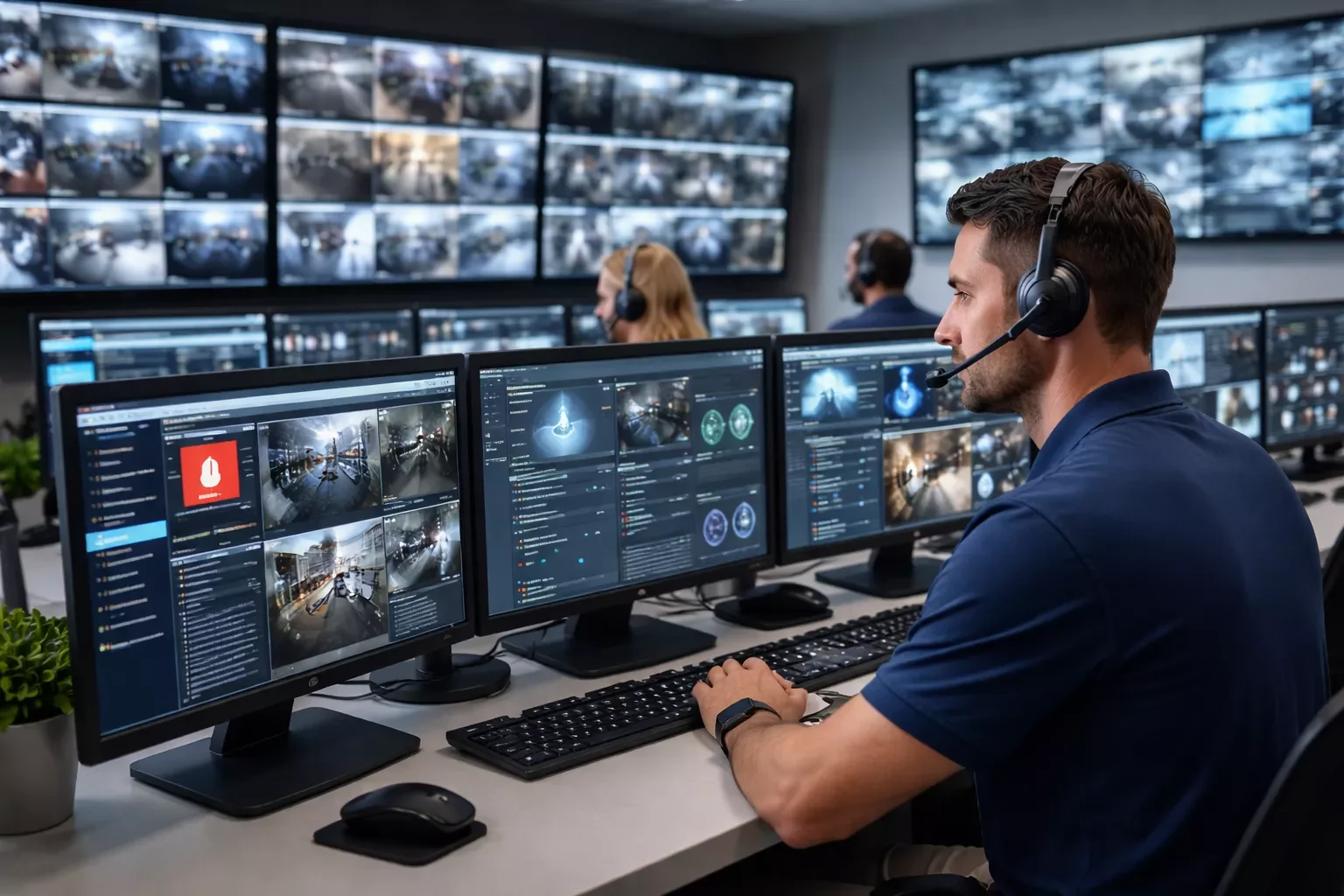 Security operator monitoring CCTV cameras in a control room with multiple screens
