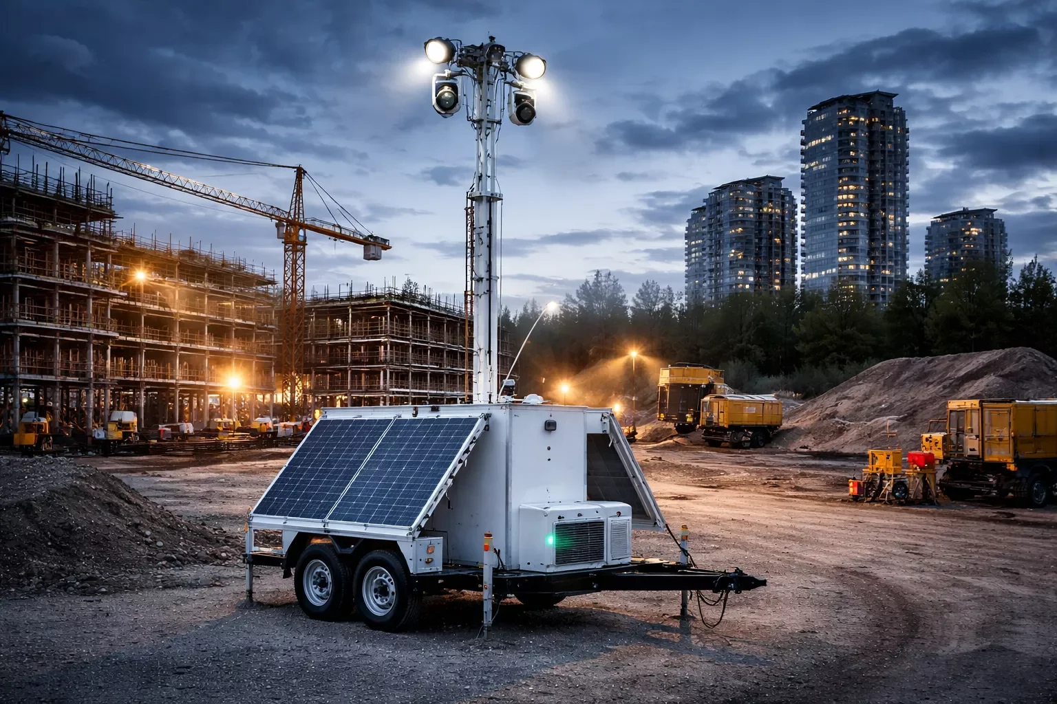 Solar-powered surveillance tower providing night security lighting and monitoring in an industrial area