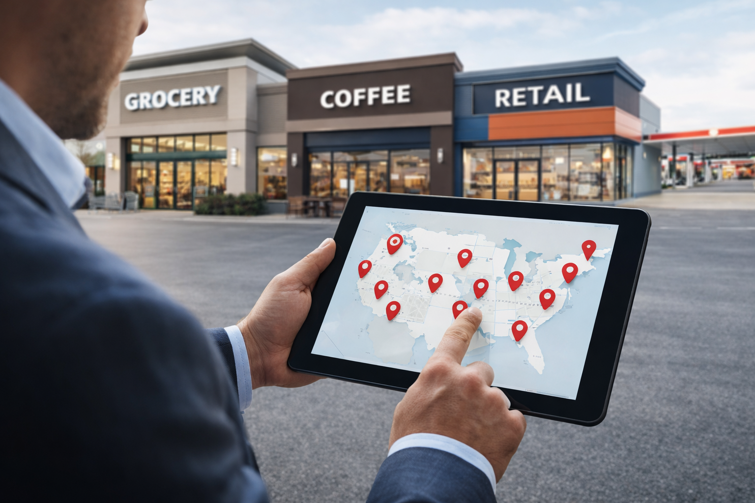 A man in a suit holding a tablet displaying a world map with multiple red location pins, outside a shopping plaza with stores labeled Grocery, Coffee, and Retail.