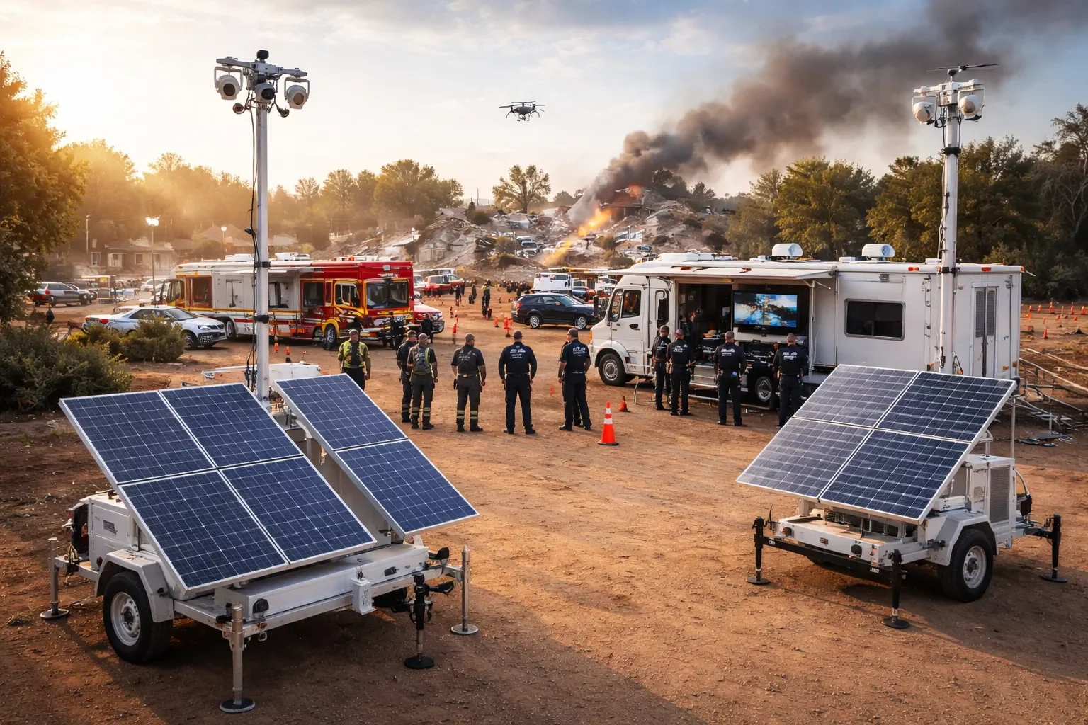 Mobile solar surveillance units deployed at an emergency response scene for safety and monitoring