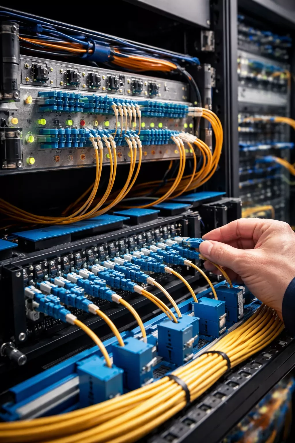Network technician installing Ethernet cables into patch panel for structured cabling system