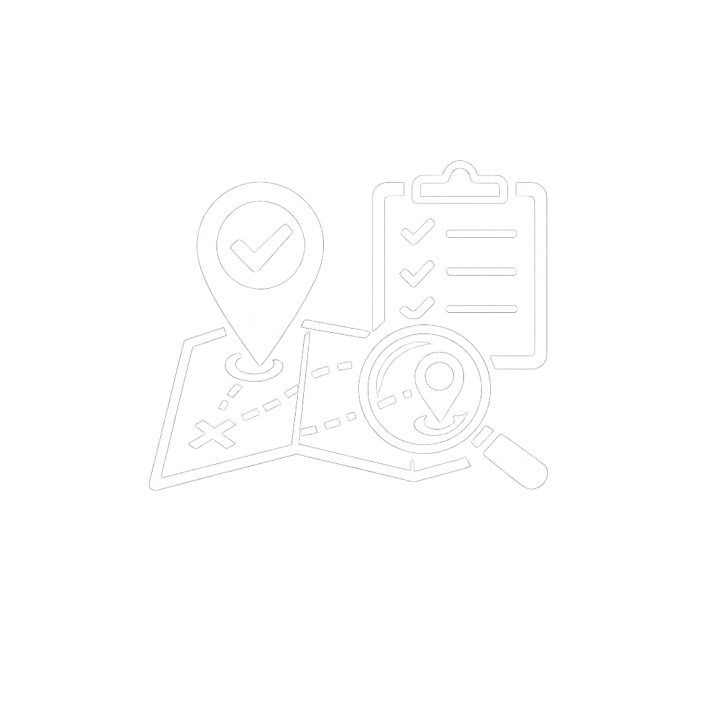 Neon sign with icons of a map, location pins, a checklist, and a magnifying glass, symbolizing navigation and planning.