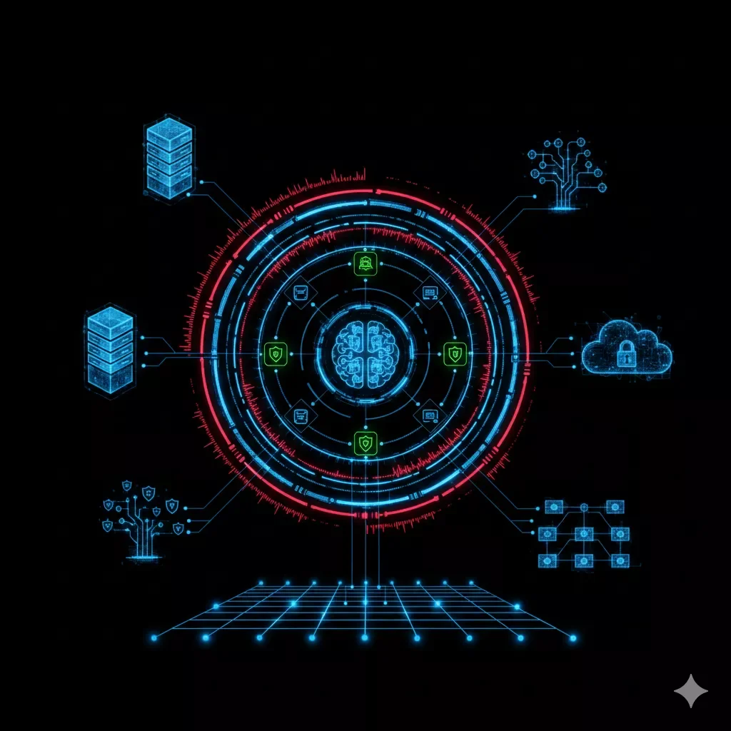 Network infrastructure visualization showing cybersecurity, cloud systems, and data connectivity