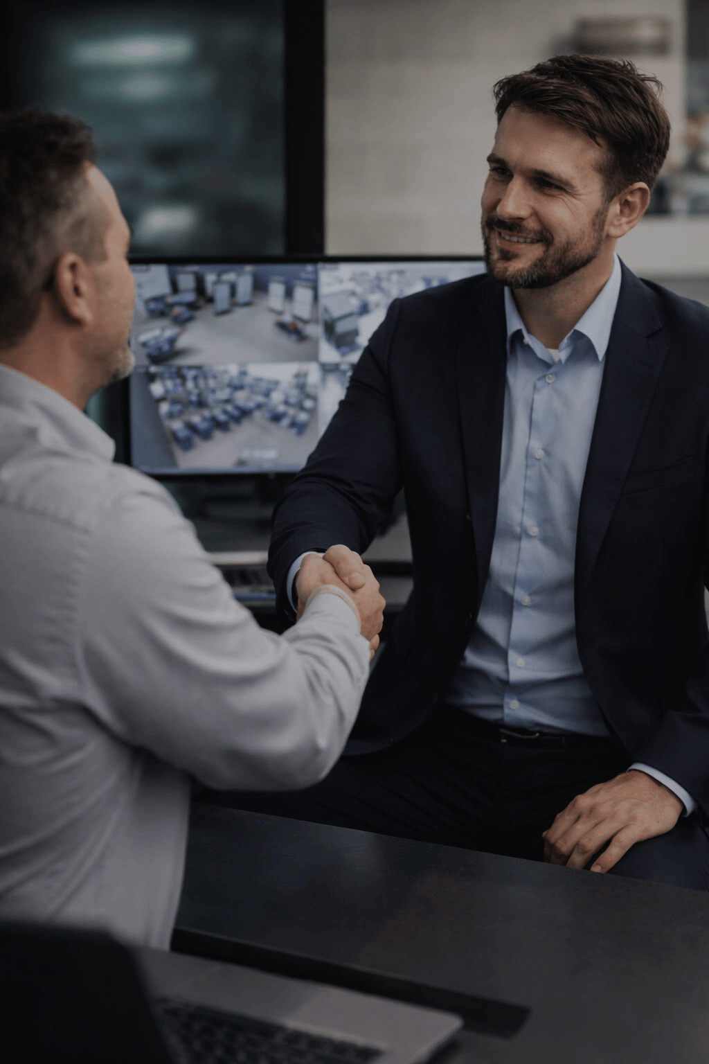 Two men in business attire shaking hands in an office, with security camera footage displayed on screens in the background.