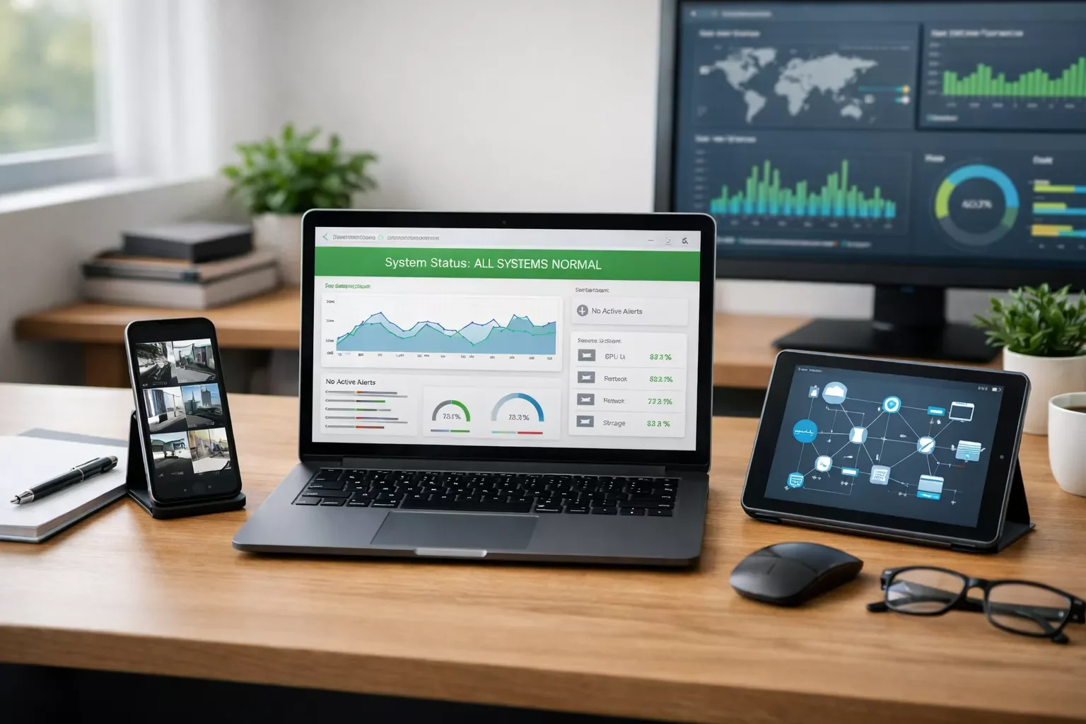 Managed IT services dashboard displayed across laptop, tablet, and mobile devices