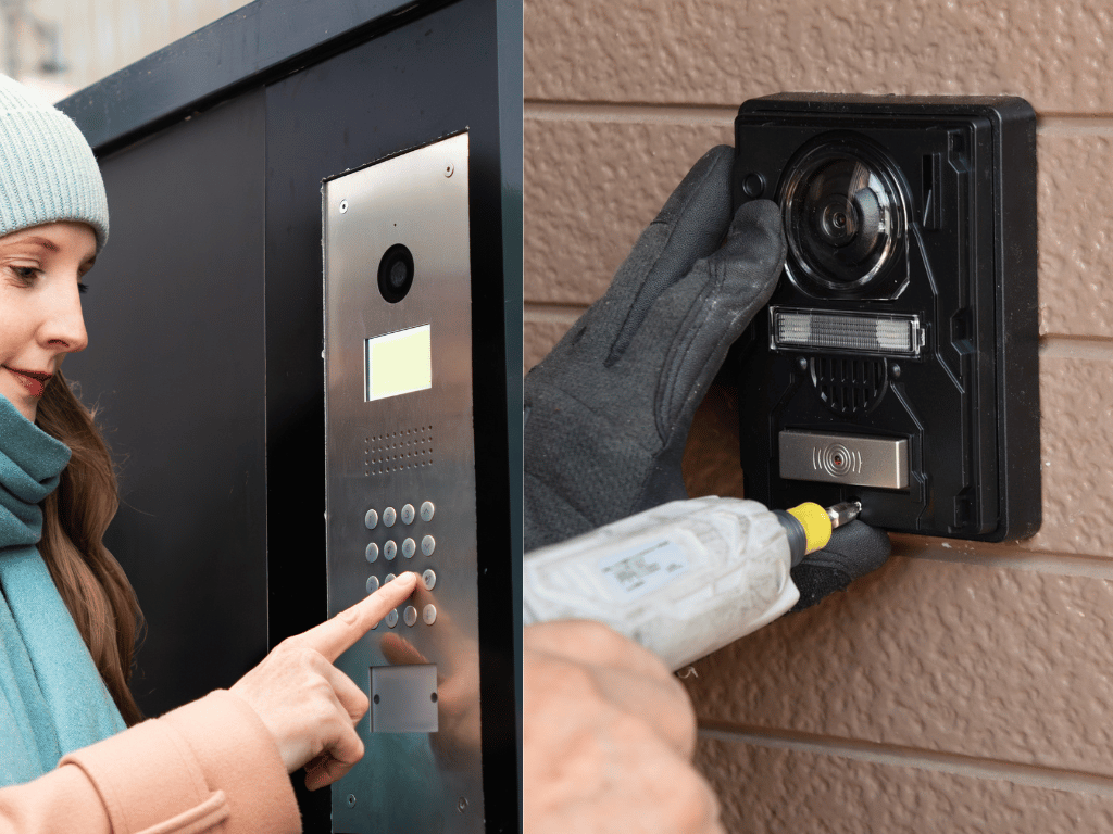 Left side: a woman in a gray beanie and teal scarf presses a button on an outdoor intercom with a small screen. Right side: a person wearing black gloves is installing or repairing a security camera on a brown wall using a screwdriver.