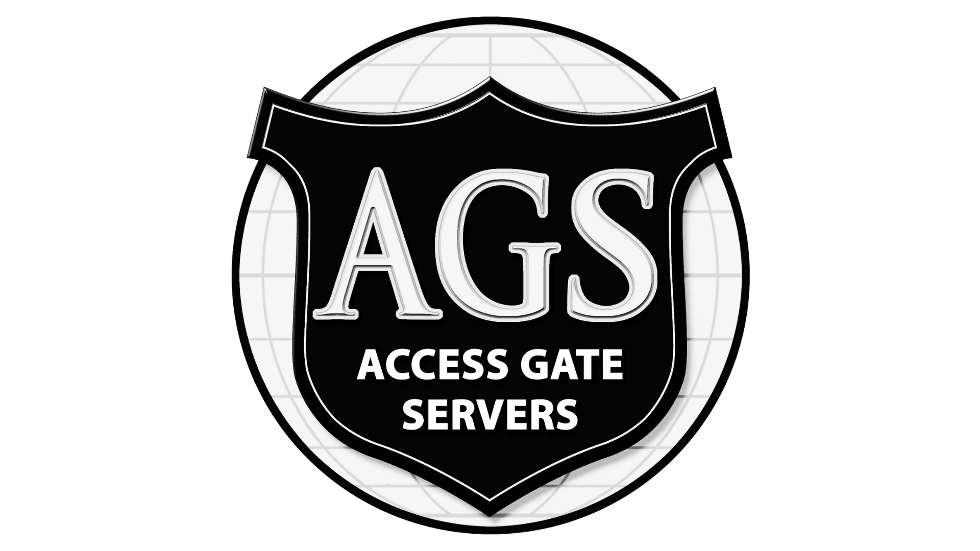 Black and white logo with the text "AGS" and "Access Gate Servers" on a shield emblem, with a globe in the background.