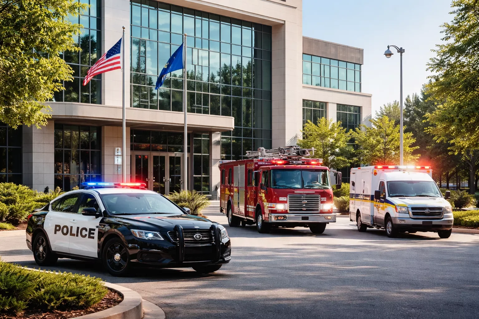 Police and fire department emergency response vehicles outside a public safety building in Vermont