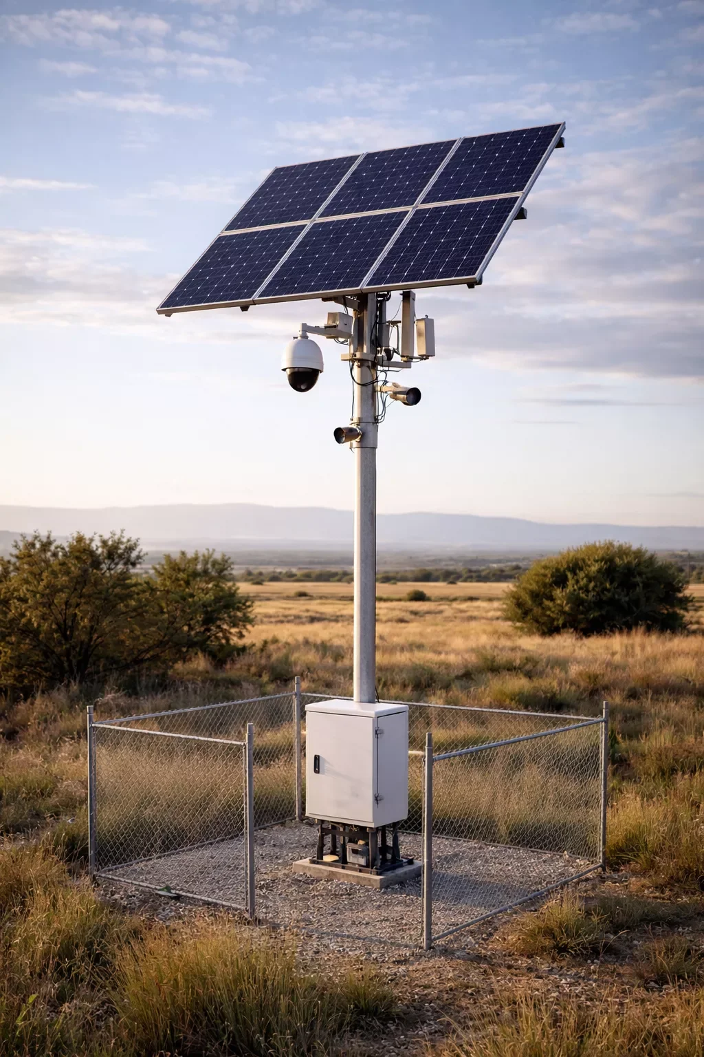Mobile solar-powered surveillance tower installed in a remote outdoor location for security monitoring