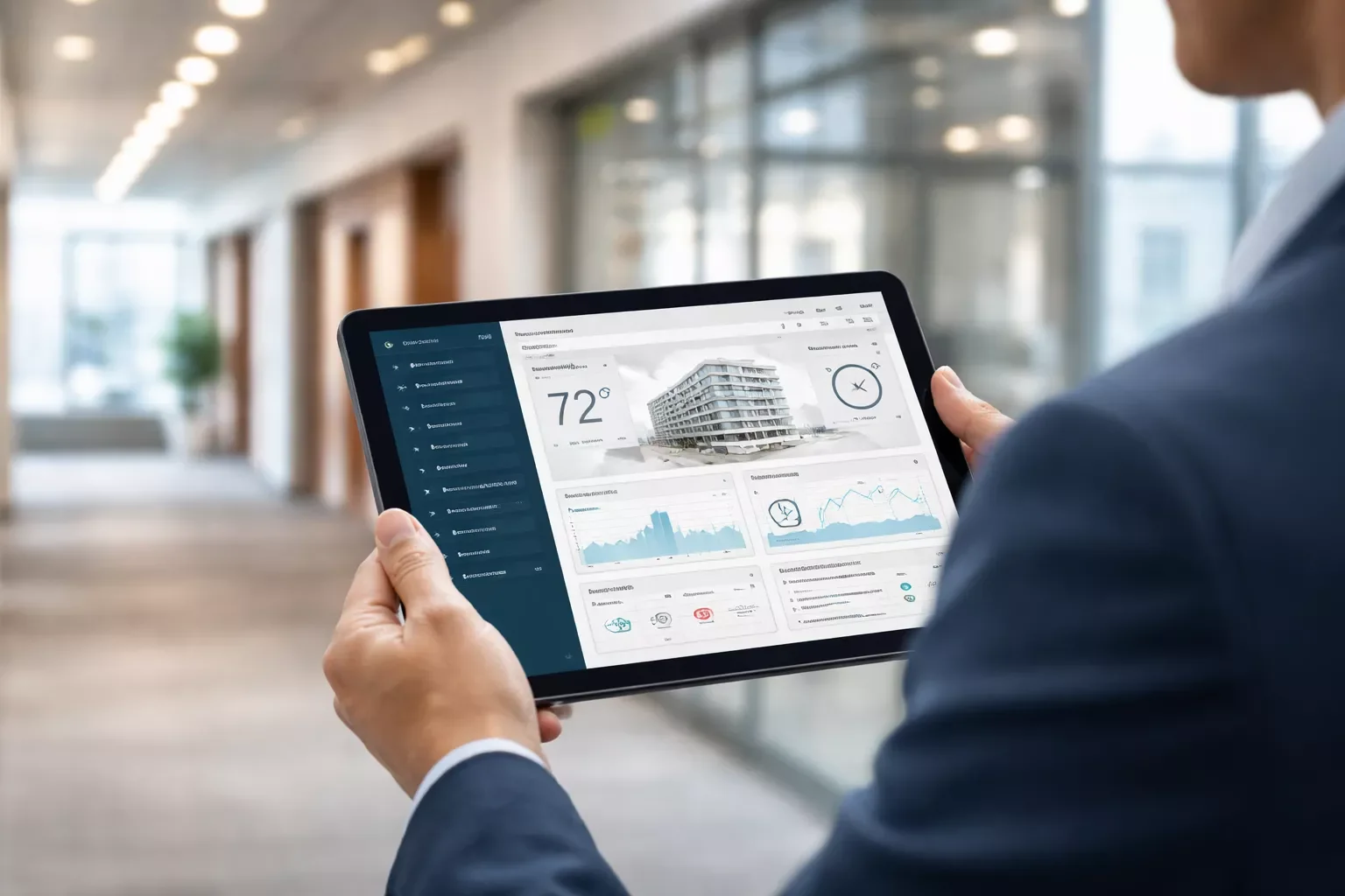 Technician using tablet for building management system monitoring and automation control