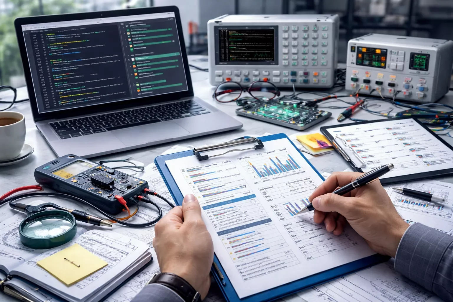 Network engineer performing cable testing and certification with diagnostic tools and reports