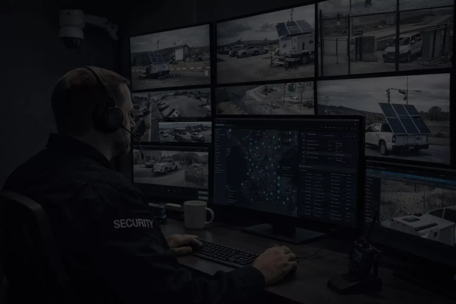 Security officer monitoring multiple surveillance screens showing traffic and security footage, using a computer with a map interface, in a control room.