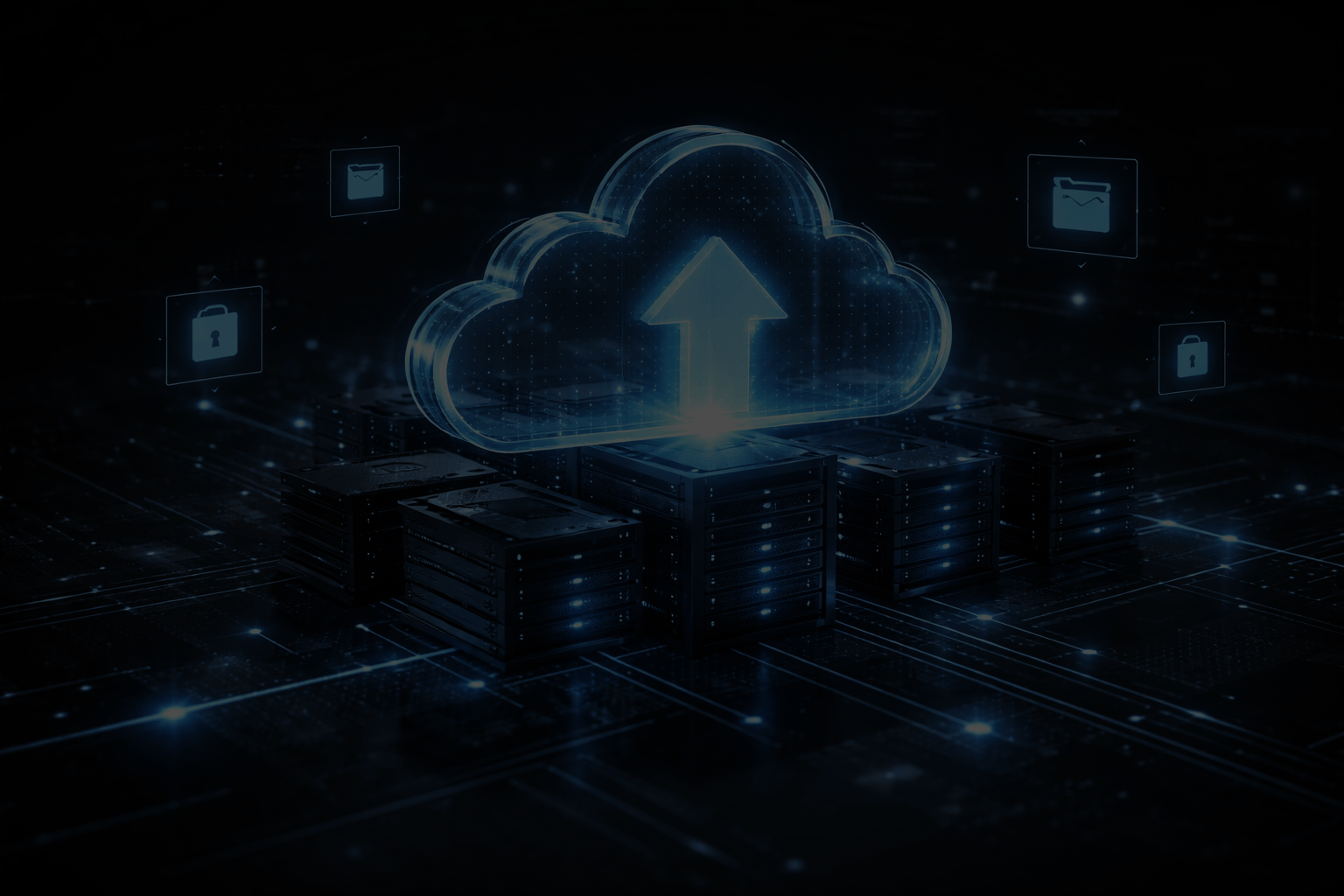 Digital illustration of a cloud with an upward arrow, surrounded by data servers and icons of a lock and a folder, representing cloud storage and data security.