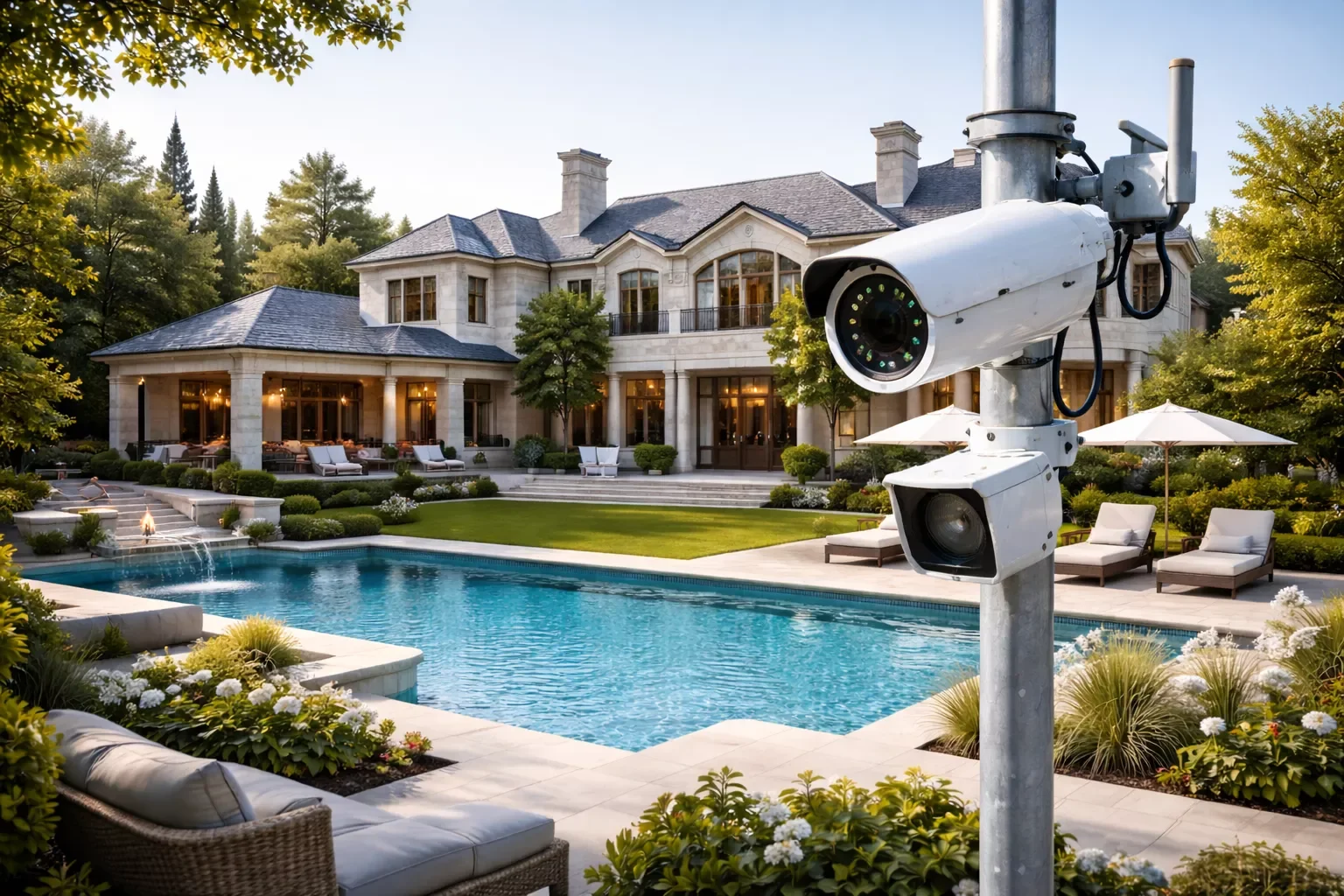 High-end residential estate with pool and landscape designed for private home security and surveillance