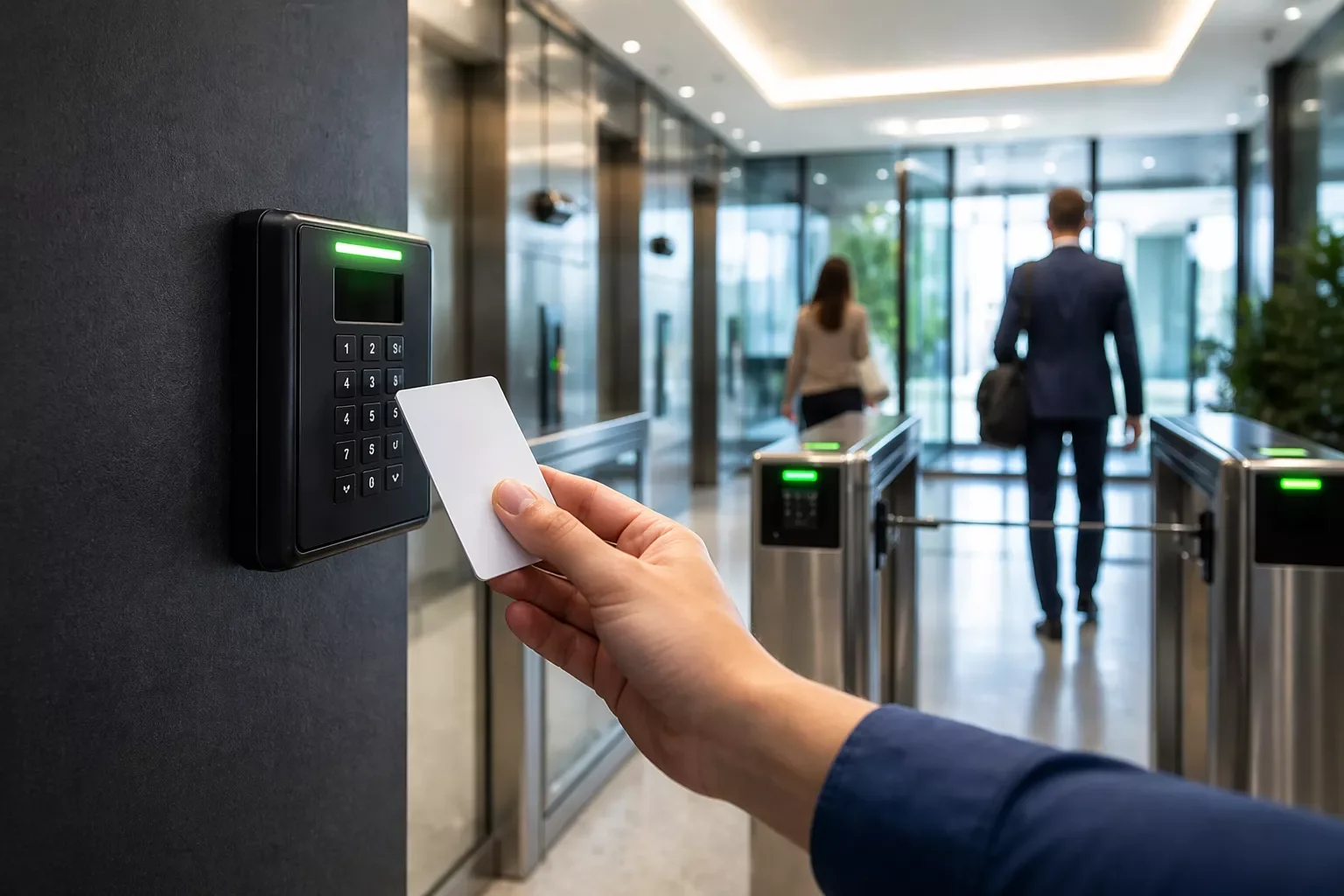 RFID access control system at office lobby turnstile with keycard entry and secure building access