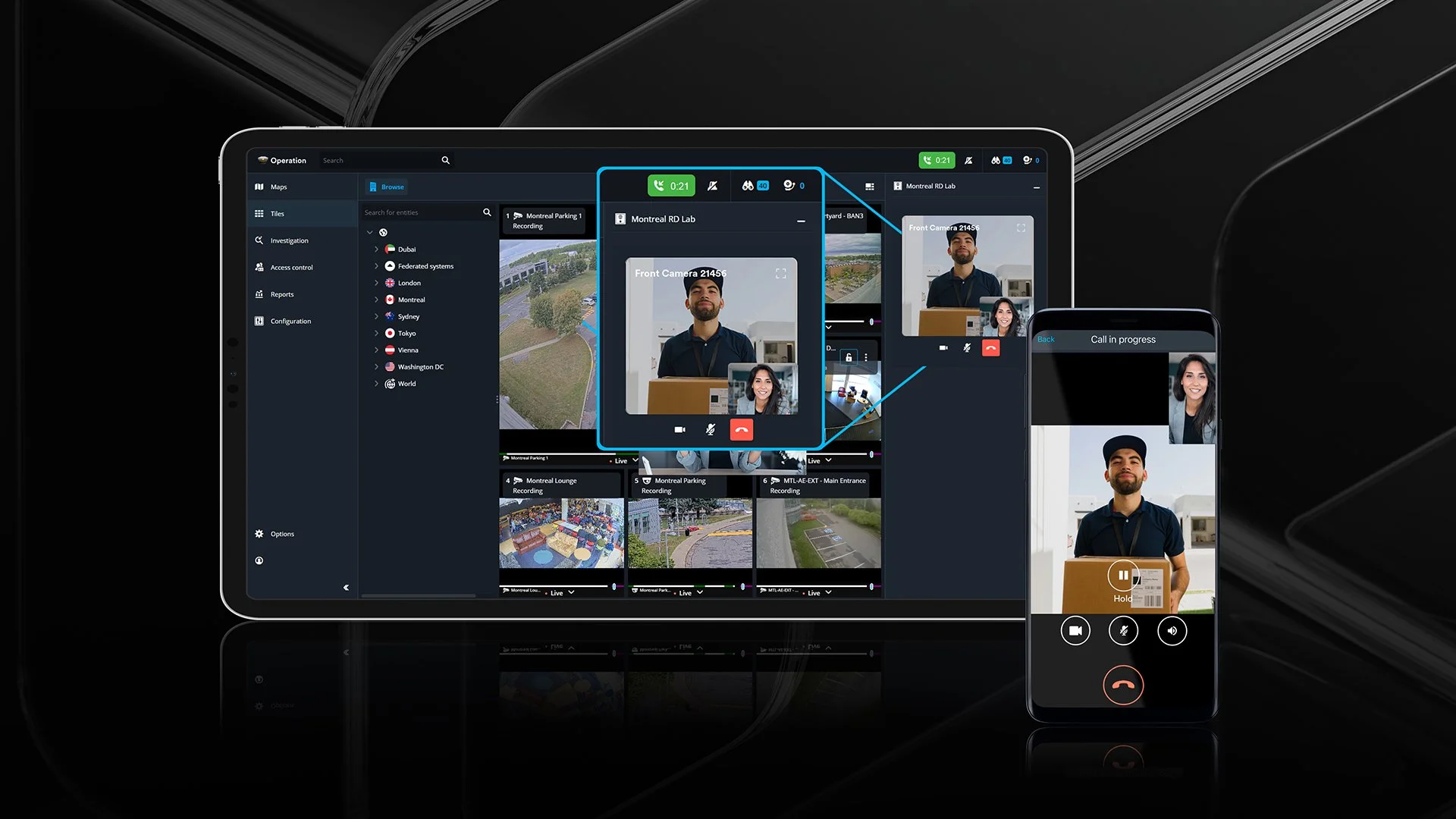 A digital interface showing a remote video surveillance and communication system with live camera feeds, a video call with a person holding a package, and control options on a dark background.