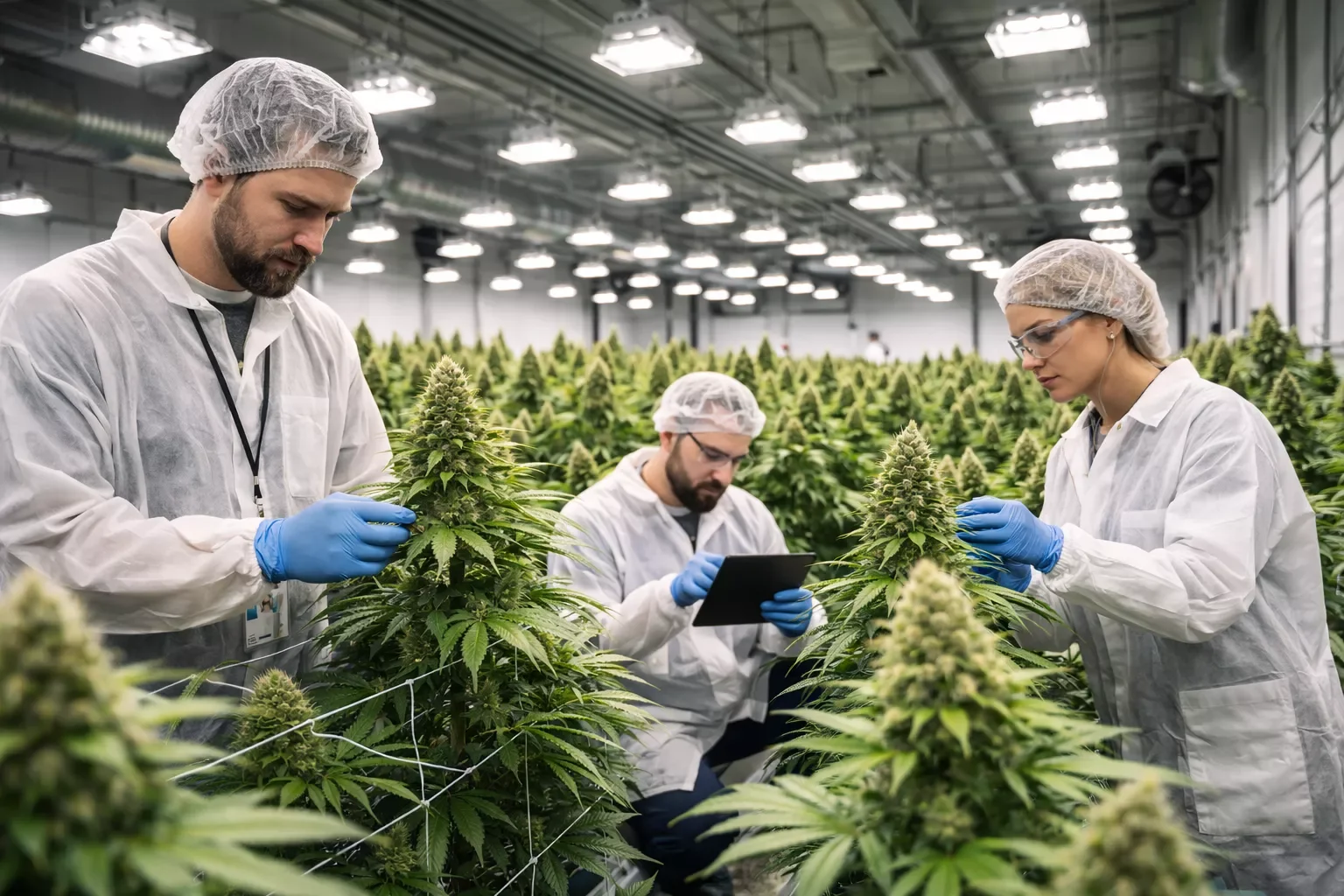 Professionals working inside a secure cannabis cultivation facility with compliance monitoring