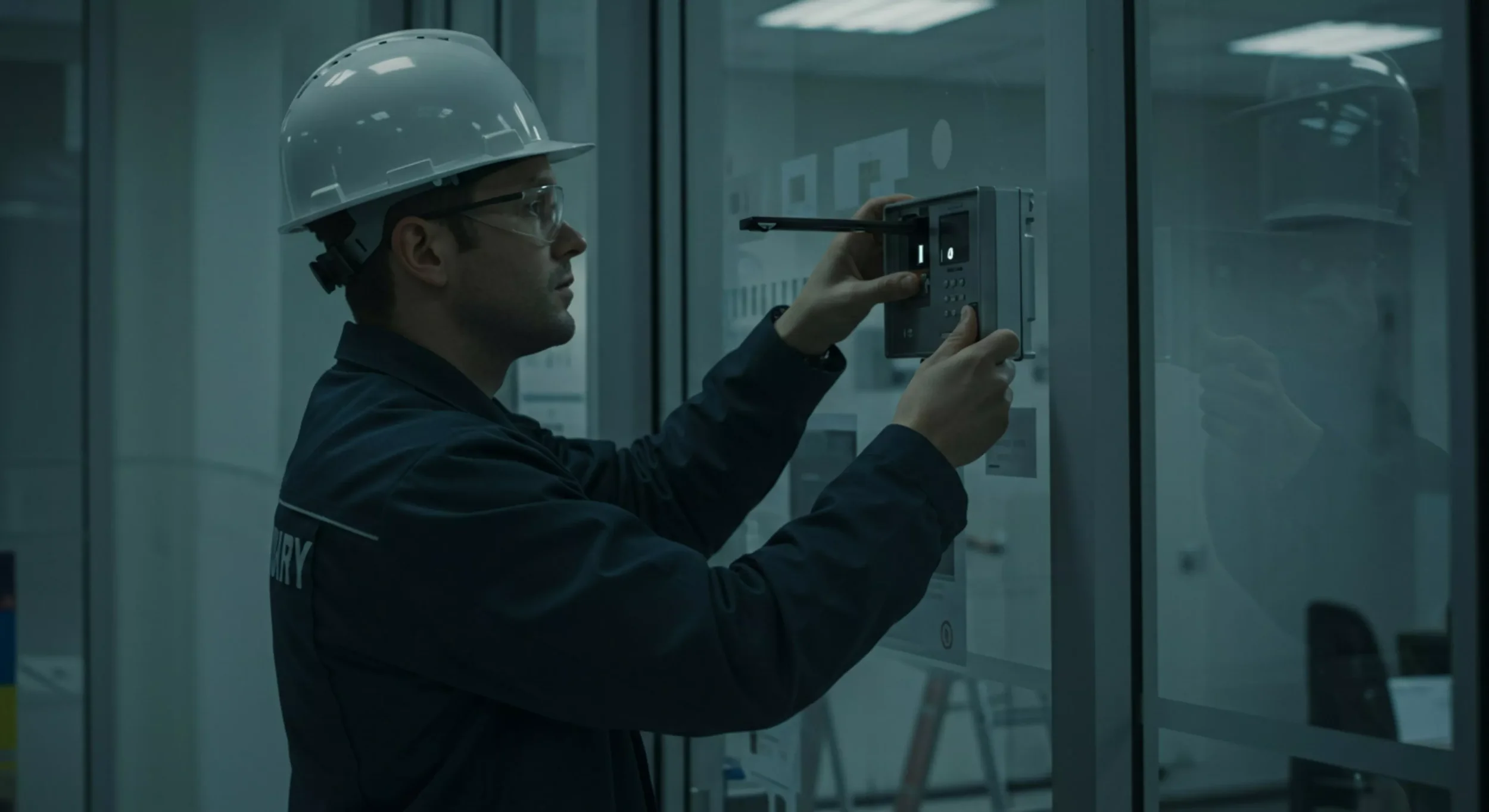 A man wearing a white safety helmet and clear safety glasses operates a control panel inside an industrial or laboratory setting.