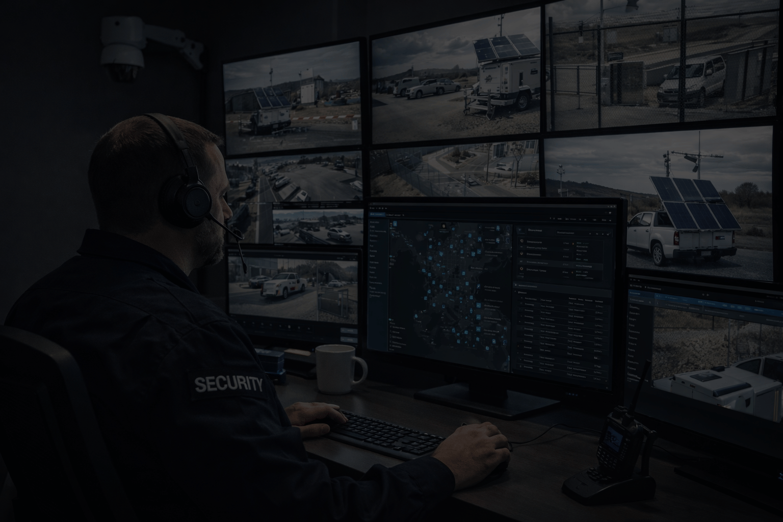 Security officer monitoring multiple surveillance screens showing traffic and security footage, using a computer with a map interface, in a control room.