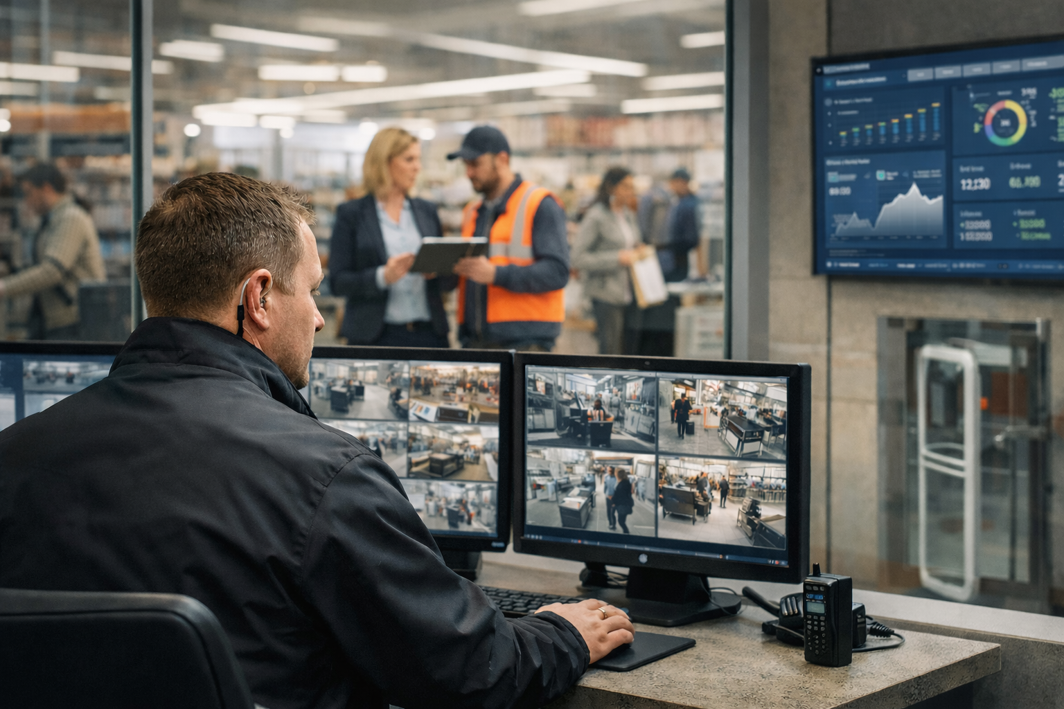A security control room with a man monitoring multiple surveillance screens, focusing on a store or warehouse. In the background, several people are discussing or shopping.
