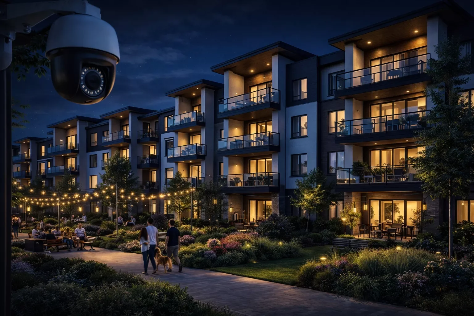 Modern apartment building at night with security camera monitoring residential complex