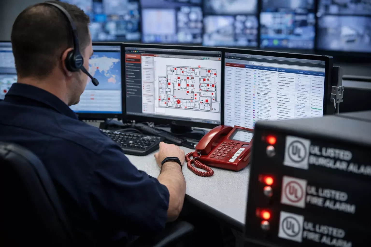 A security monitoring professional at a control center working on multiple computer screens with maps, data, and alerts, wearing a headset.
